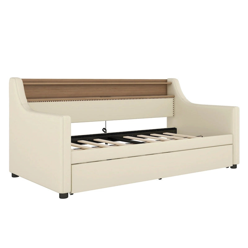 White/Beige Twin Upholstered Daybed with Trundle and LED