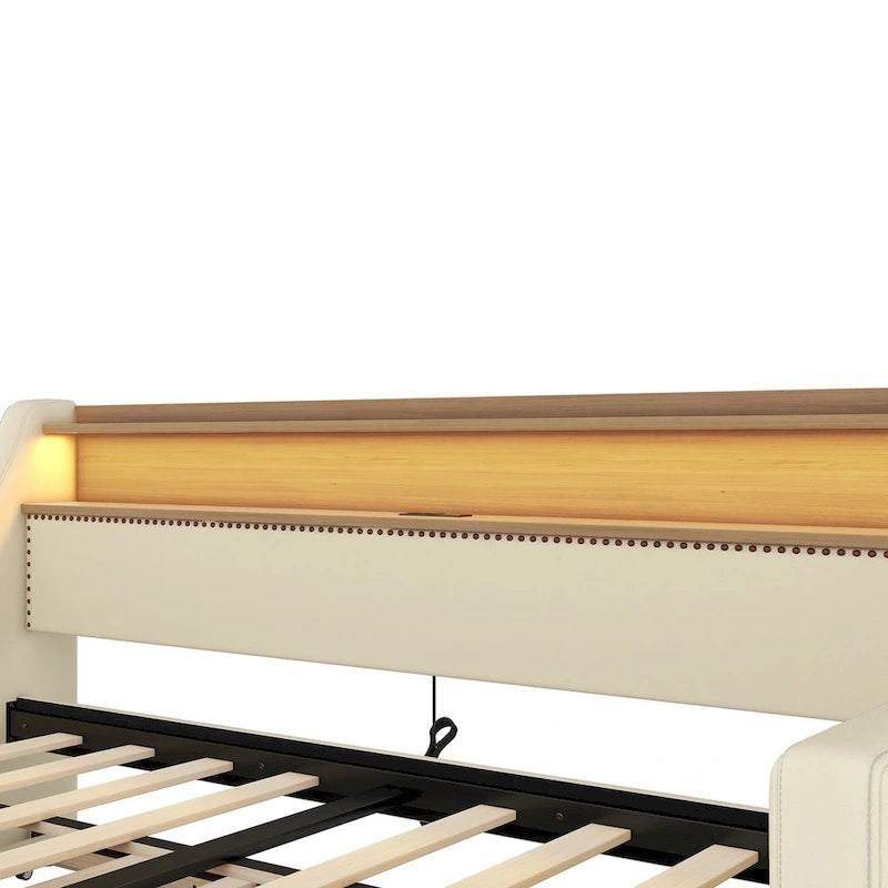 White/Beige Twin Upholstered Daybed with Trundle and LED