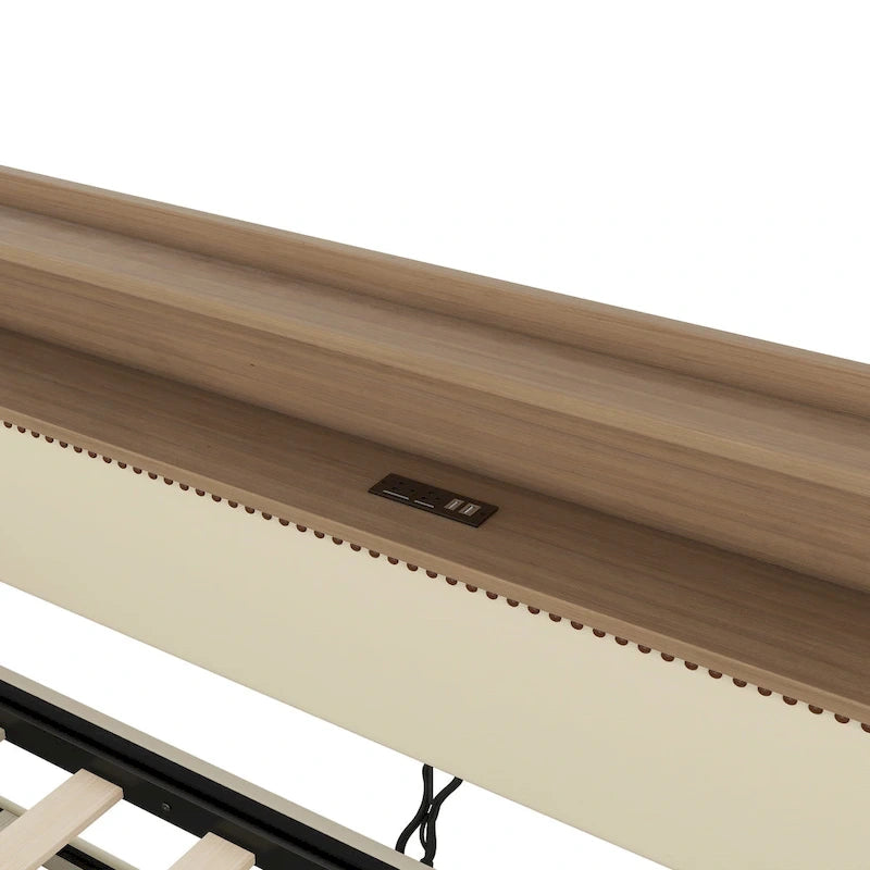 White/Beige Twin Upholstered Daybed with Trundle and LED