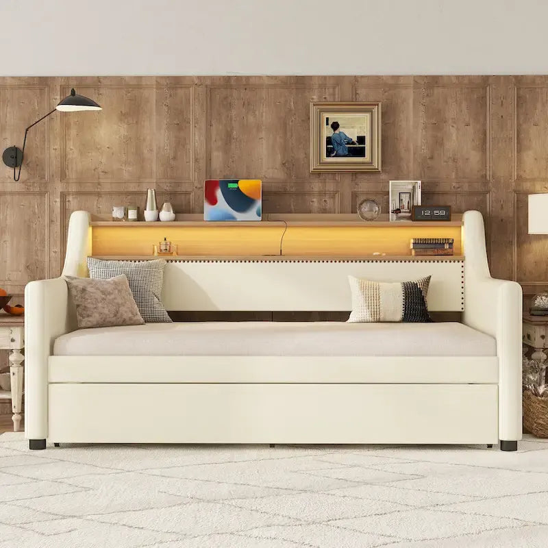 White/Beige Twin Upholstered Daybed with Trundle and LED