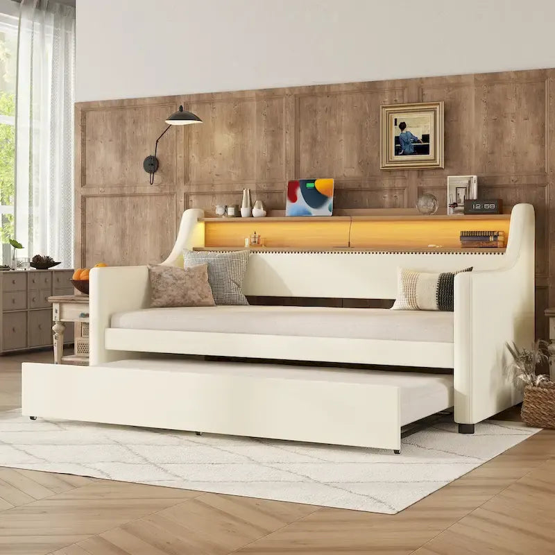 White/Beige Twin Upholstered Daybed with Trundle and LED