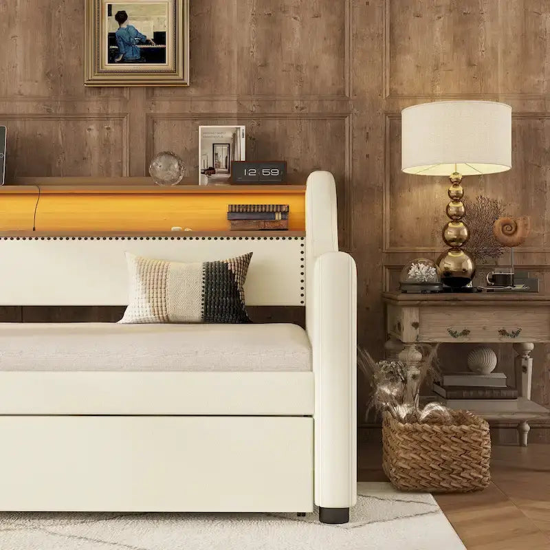 White/Beige Twin Upholstered Daybed with Trundle and LED