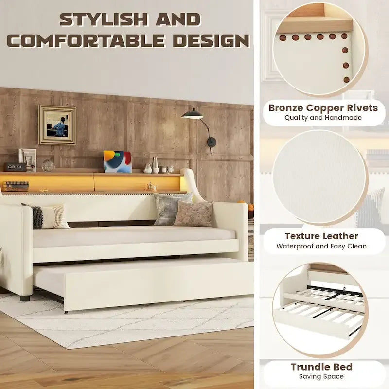 White/Beige Twin Upholstered Daybed with Trundle and LED