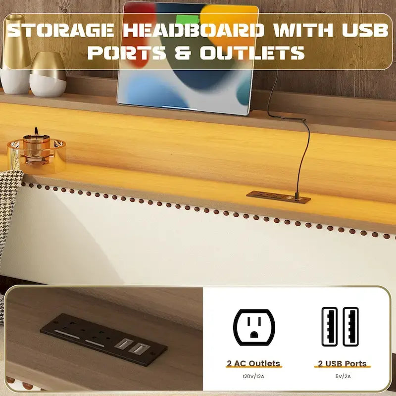 White/Beige Twin Upholstered Daybed with Trundle and LED