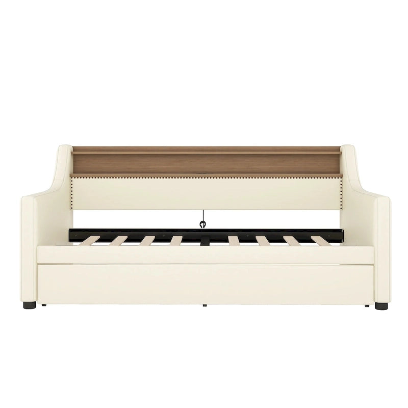 White/Beige Twin Upholstered Daybed with Trundle and LED