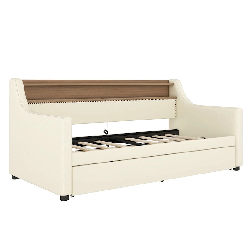 White/Beige Twin Upholstered Daybed with Trundle and LED