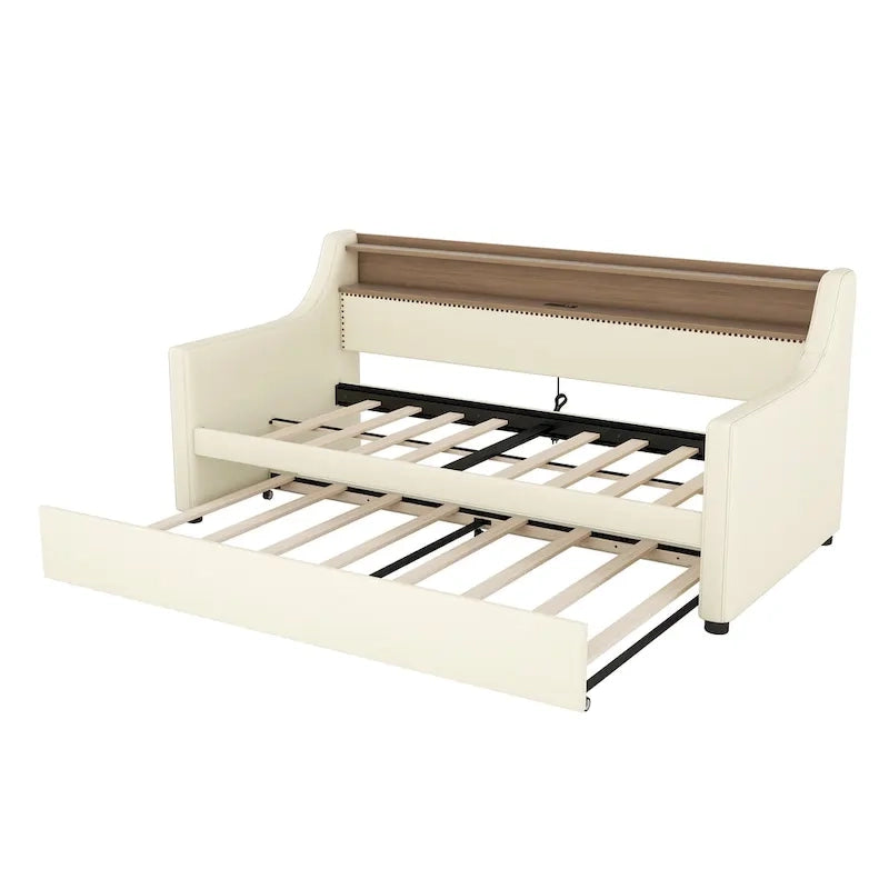 White/Beige Twin Upholstered Daybed with Trundle and LED
