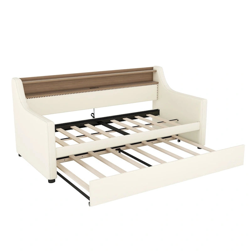 White/Beige Twin Upholstered Daybed with Trundle and LED