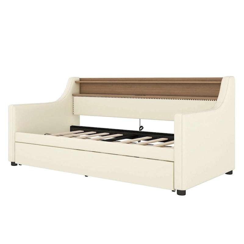 White/Beige Twin Upholstered Daybed with Trundle and LED