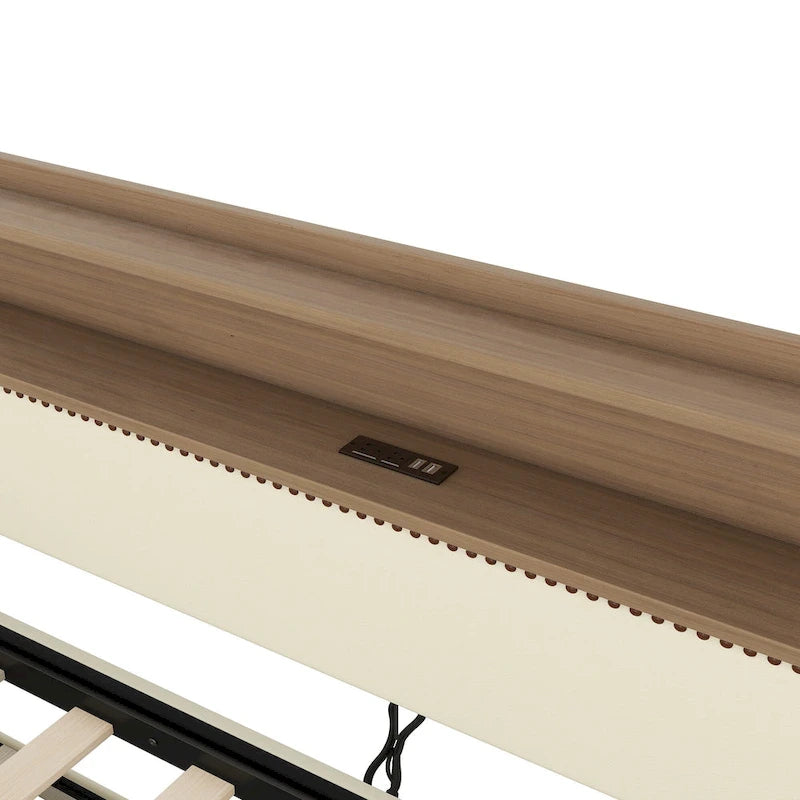 White/Beige Twin Upholstered Daybed with Trundle and LED