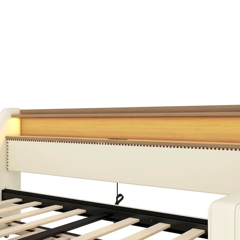 White/Beige Twin Upholstered Daybed with Trundle and LED
