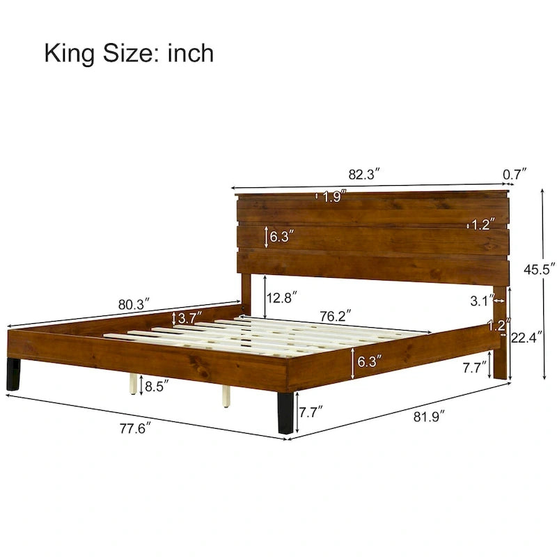 Letto a piattaforma in legno massello marrone, stile Mid-Century Modern King Size con testiera a tre pannelli