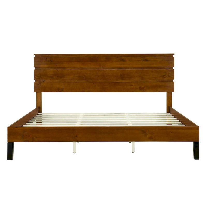 Letto a piattaforma in legno massello marrone, stile Mid-Century Modern King Size con testiera a tre pannelli