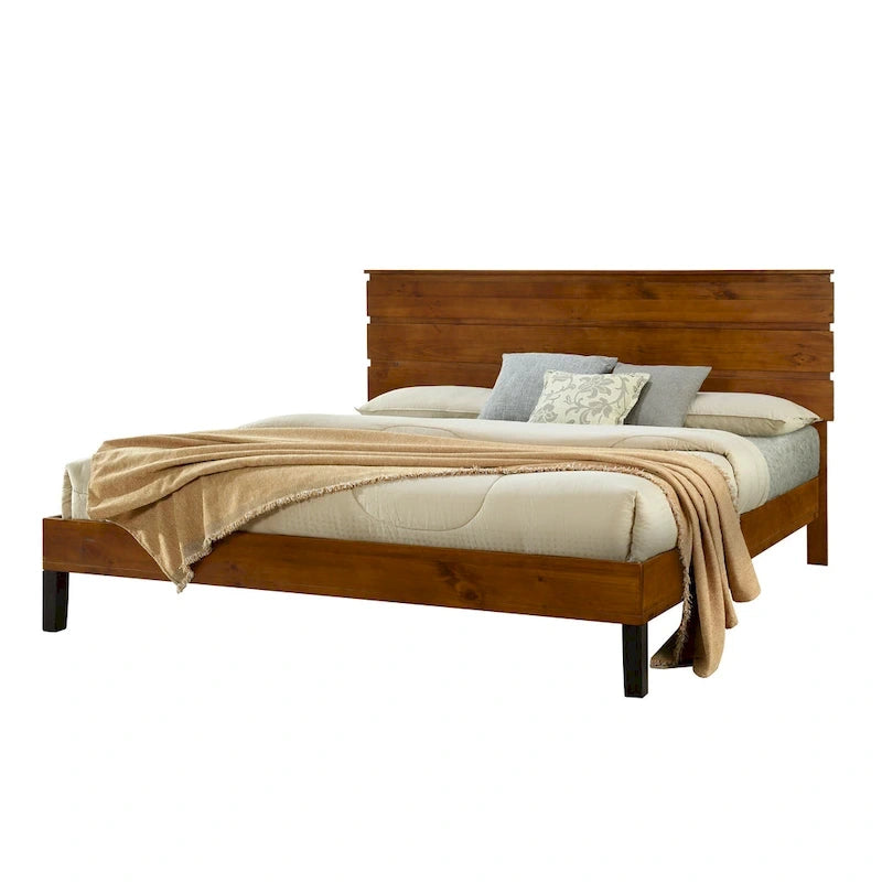 Letto a piattaforma in legno massello marrone, stile Mid-Century Modern King Size con testiera a tre pannelli