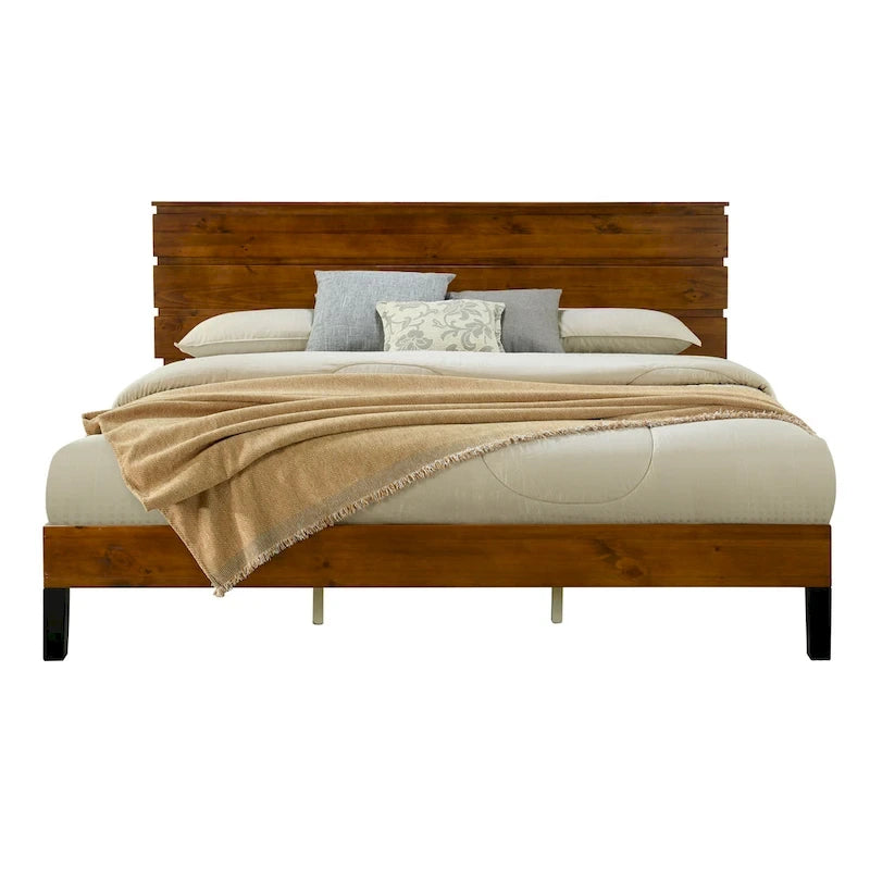 Letto a piattaforma in legno massello marrone, stile Mid-Century Modern King Size con testiera a tre pannelli