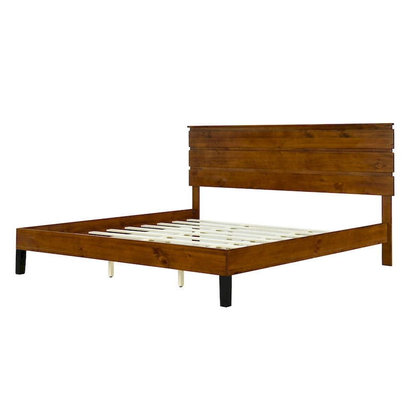 Letto a piattaforma in legno massello marrone, stile Mid-Century Modern King Size con testiera a tre pannelli