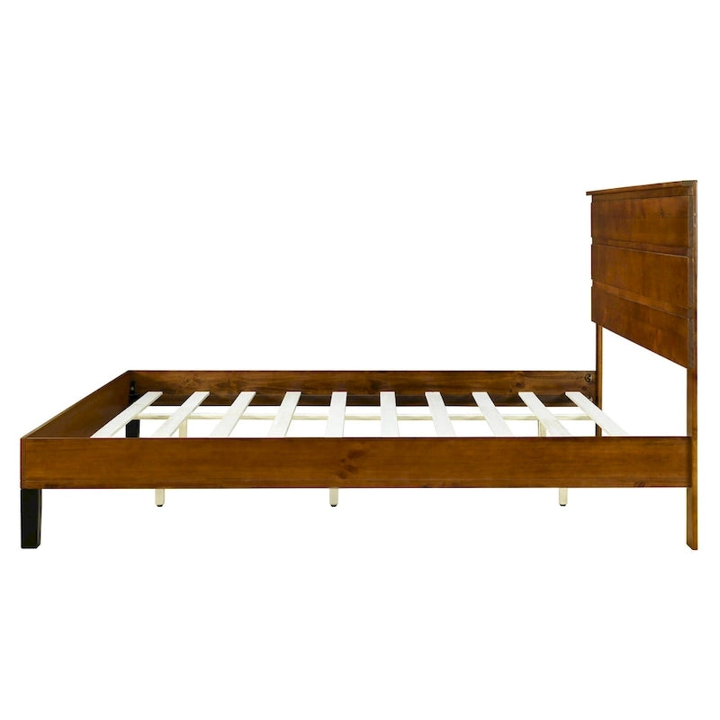 Letto a piattaforma in legno massello marrone, stile Mid-Century Modern King Size con testiera a tre pannelli