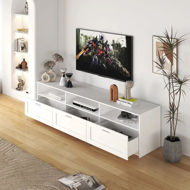 Mobile TV bianco da 178 cm con 3 cassetti e vano a giorno