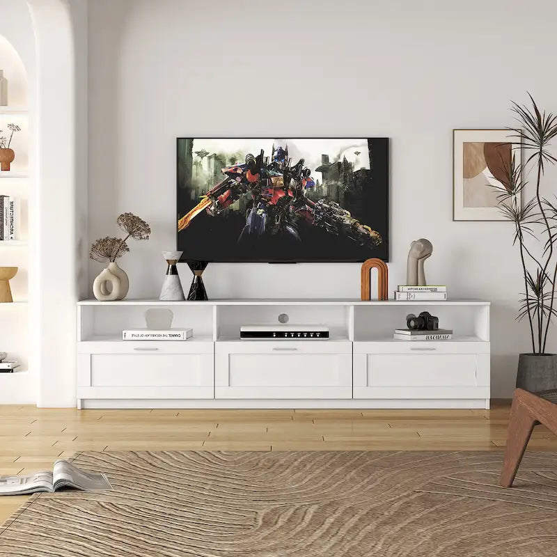 Mobile TV bianco da 178 cm con 3 cassetti e vano a giorno