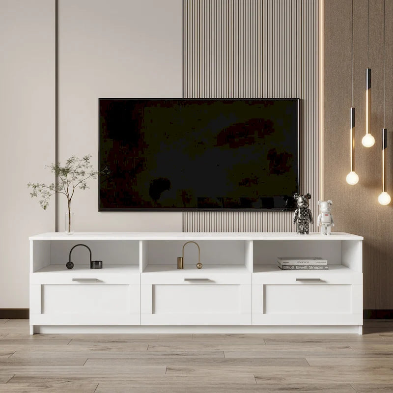 Mobile TV bianco da 178 cm con 3 cassetti e vano a giorno
