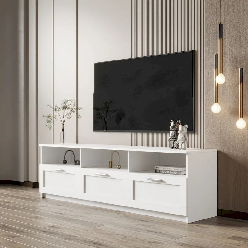 Mobile TV bianco da 178 cm con 3 cassetti e vano a giorno