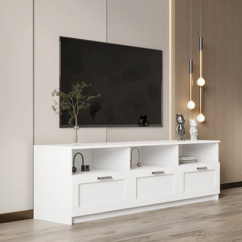 Mobile TV bianco da 178 cm con 3 cassetti e vano a giorno
