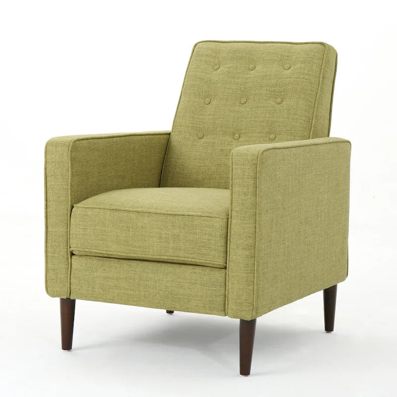Poltrona reclinabile Mid-Century con poggiapiedi, rivestimento in tessuto verde, schienale capitonné, gambe in legno di faggio