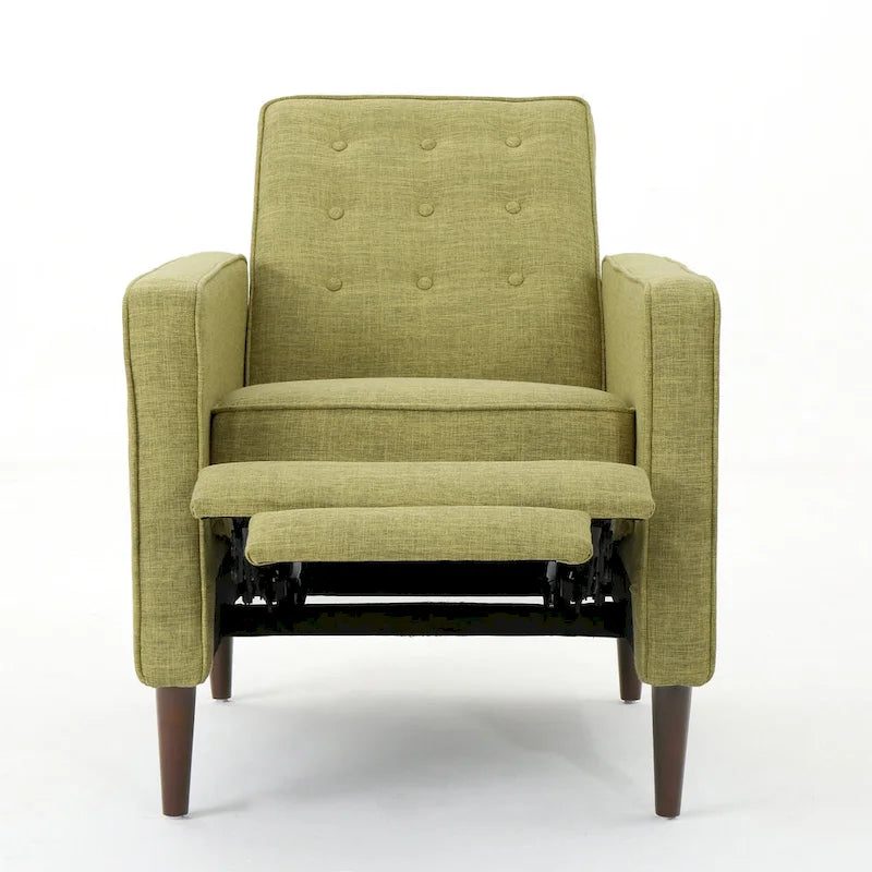 Poltrona reclinabile Mid-Century con poggiapiedi, rivestimento in tessuto verde, schienale capitonné, gambe in legno di faggio