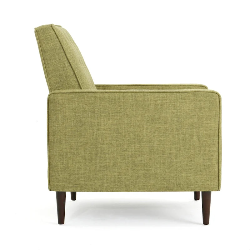 Poltrona reclinabile Mid-Century con poggiapiedi, rivestimento in tessuto verde, schienale capitonné, gambe in legno di faggio