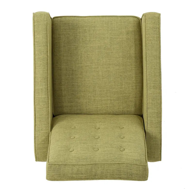 Poltrona reclinabile Mid-Century con poggiapiedi, rivestimento in tessuto verde, schienale capitonné, gambe in legno di faggio