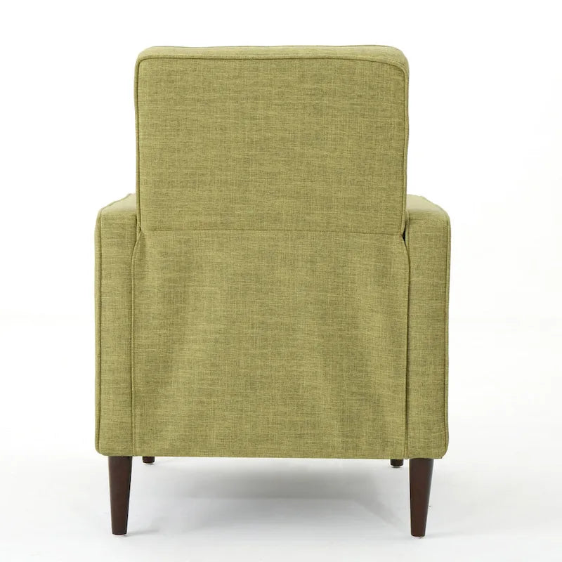 Poltrona reclinabile Mid-Century con poggiapiedi, rivestimento in tessuto verde, schienale capitonné, gambe in legno di faggio