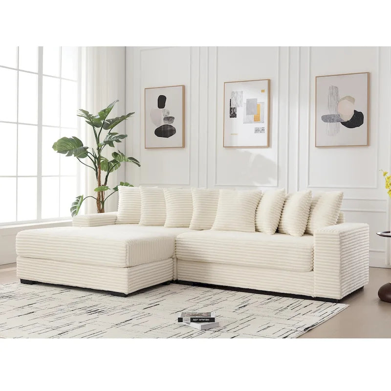 Divano componibile a L in velluto a coste beige 111 con chaise longue sinistra di grandi dimensioni