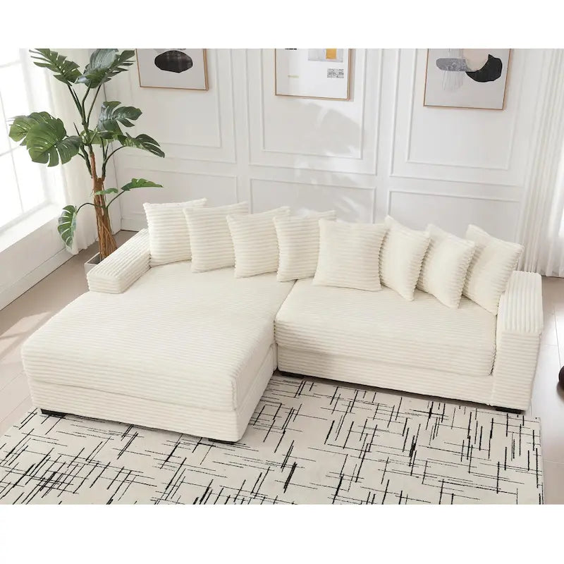 Divano componibile a L in velluto a coste beige 111 con chaise longue sinistra di grandi dimensioni