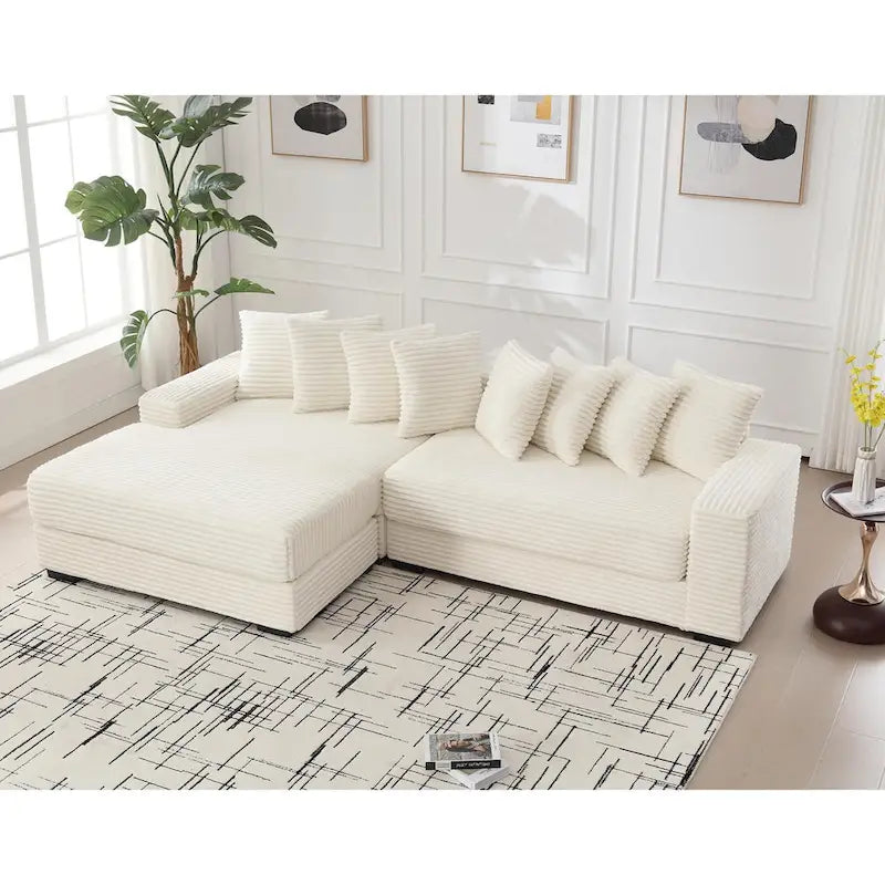 Divano componibile a L in velluto a coste beige 111 con chaise longue sinistra di grandi dimensioni