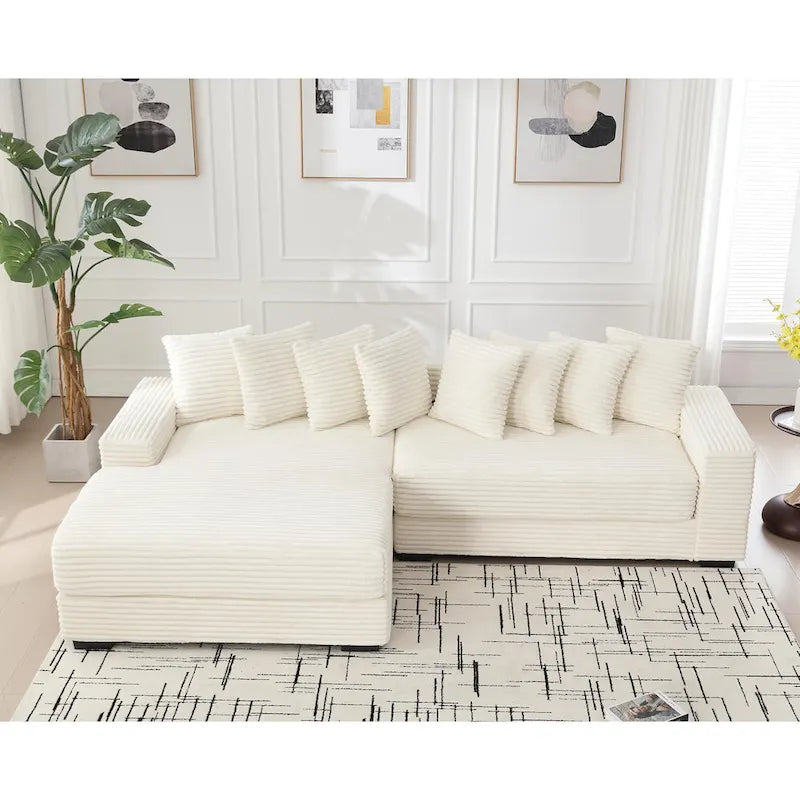 Divano componibile a L in velluto a coste beige 111 con chaise longue sinistra di grandi dimensioni