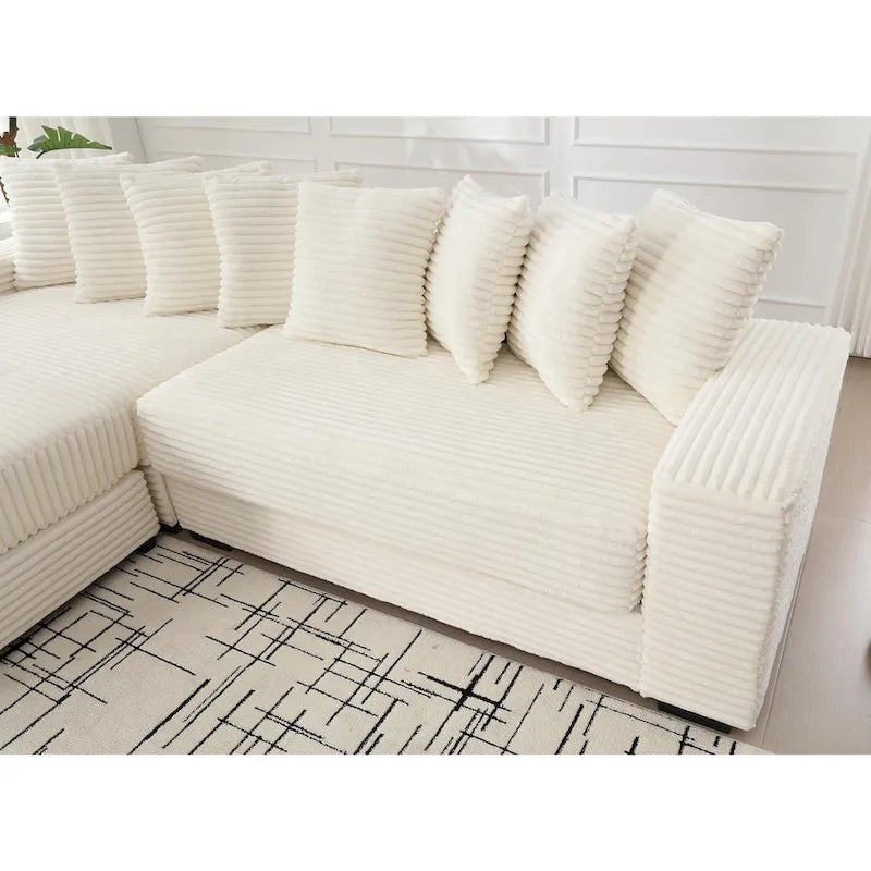 Divano componibile a L in velluto a coste beige 111 con chaise longue sinistra di grandi dimensioni