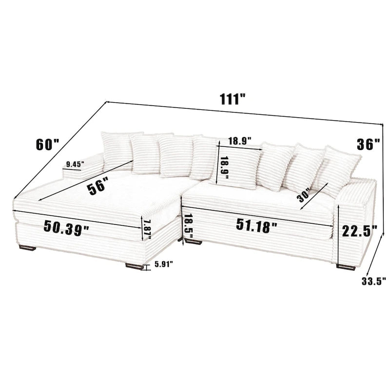 Divano componibile a L in velluto a coste beige 111 con chaise longue sinistra di grandi dimensioni