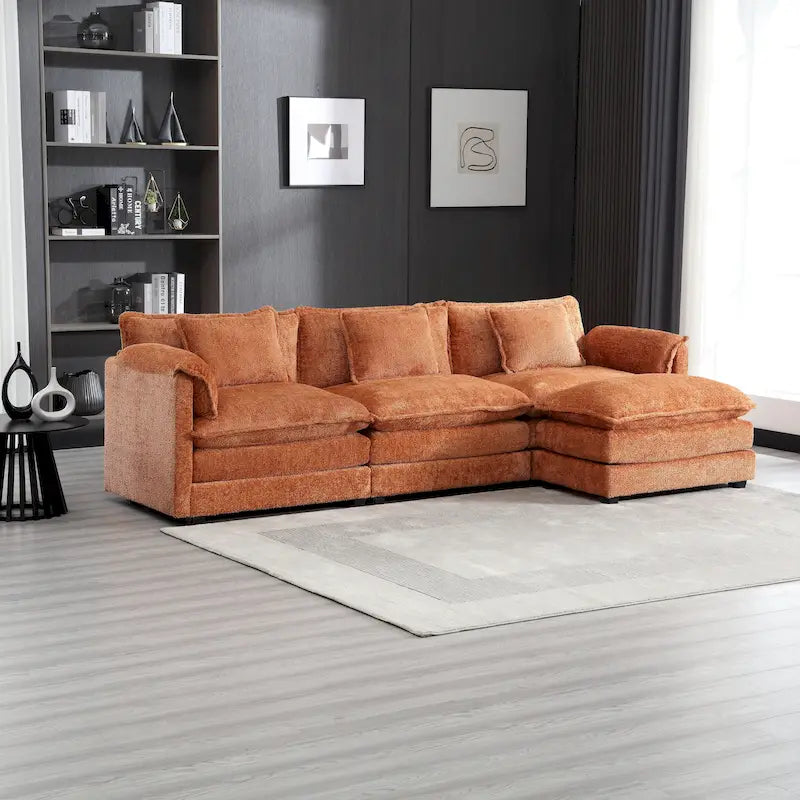 Divano componibile a 4 posti a L Arancione 112,2 cm in tessuto Bouclé moderno con cuscini e braccioli rimovibili