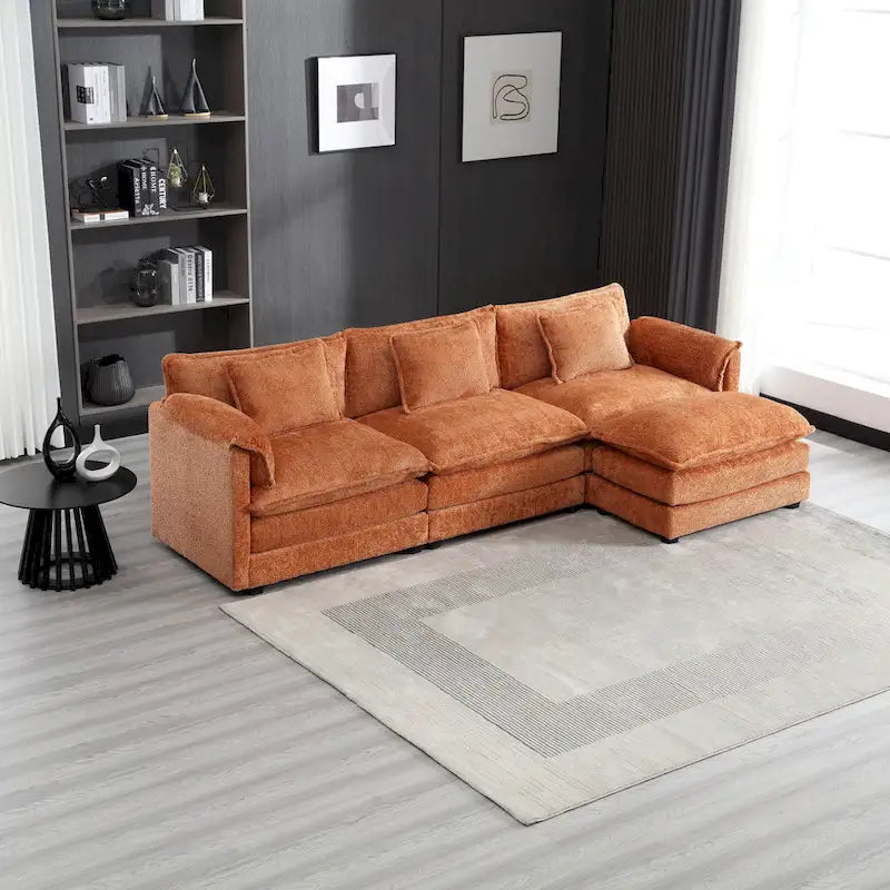 Divano componibile a 4 posti a L Arancione 112,2 cm in tessuto Bouclé moderno con cuscini e braccioli rimovibili