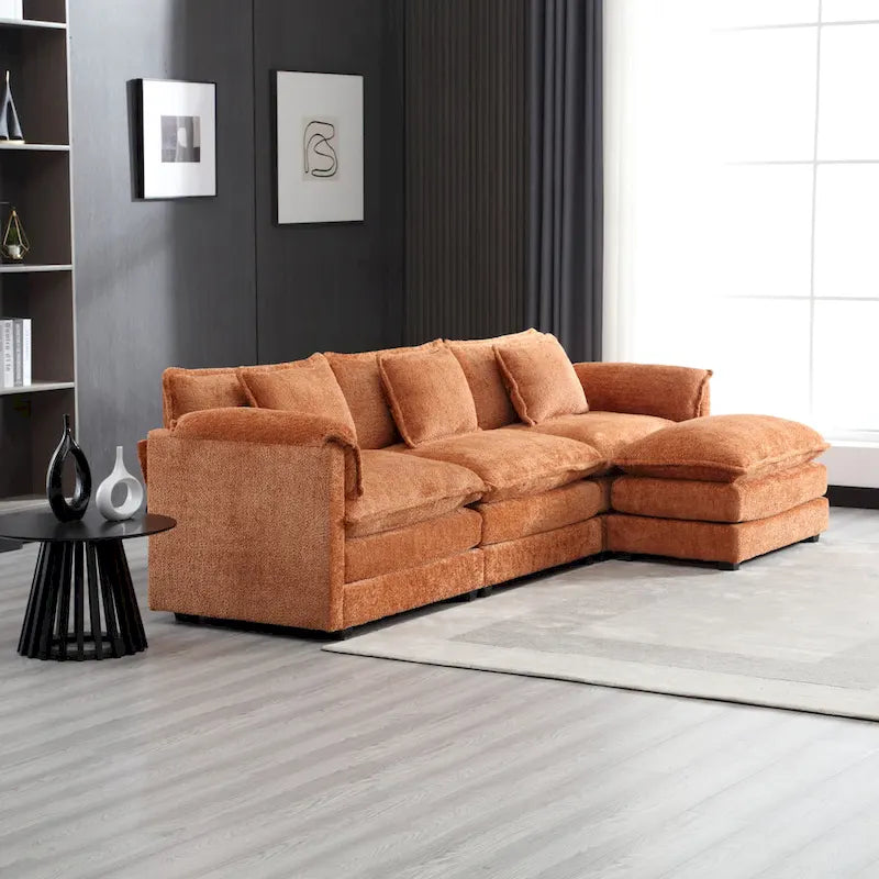 Divano componibile a 4 posti a L Arancione 112,2 cm in tessuto Bouclé moderno con cuscini e braccioli rimovibili