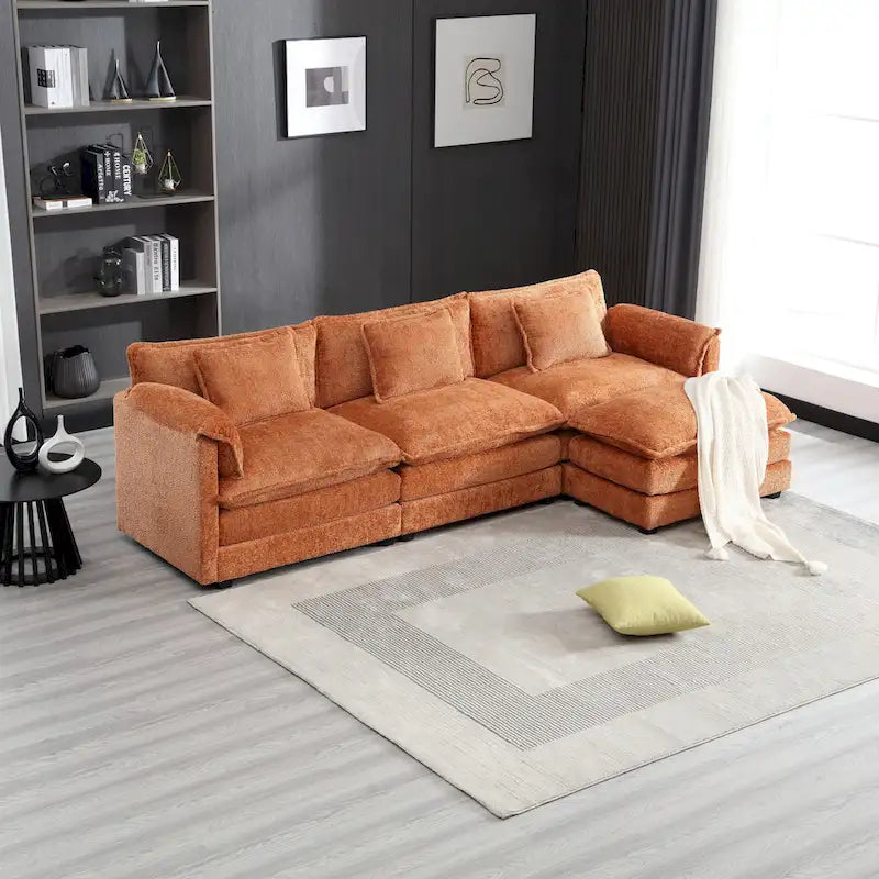 Divano componibile a 4 posti a L Arancione 112,2 cm in tessuto Bouclé moderno con cuscini e braccioli rimovibili