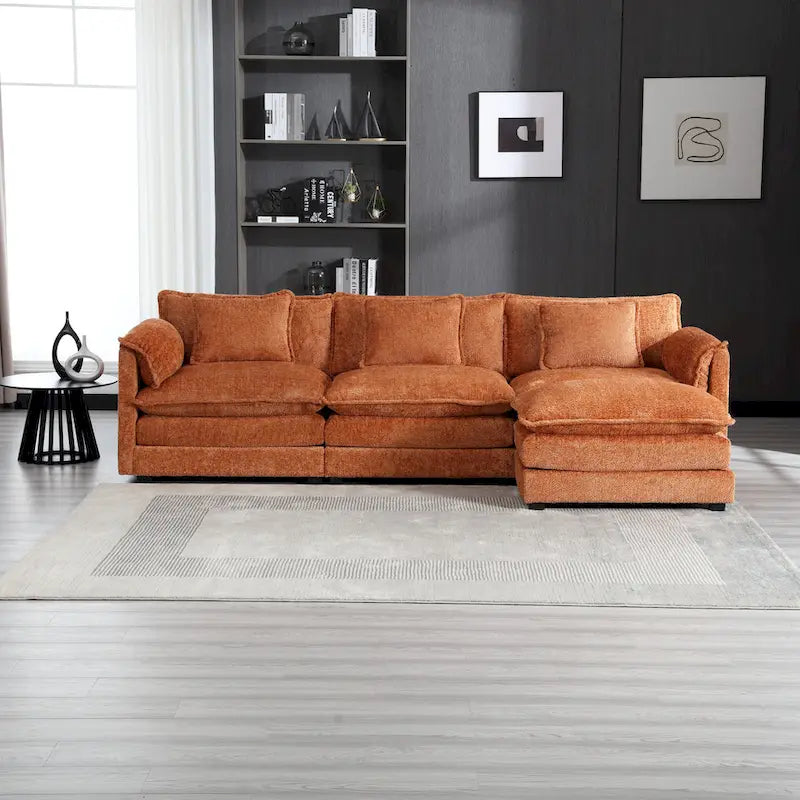Divano componibile a 4 posti a L Arancione 112,2 cm in tessuto Bouclé moderno con cuscini e braccioli rimovibili