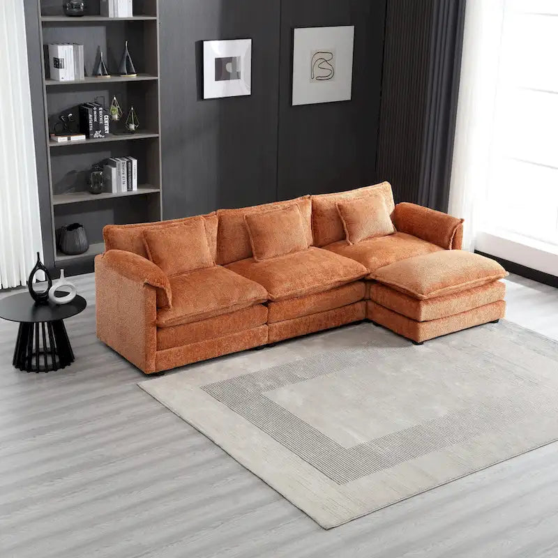 Divano componibile a 4 posti a L Arancione 112,2 cm in tessuto Bouclé moderno con cuscini e braccioli rimovibili