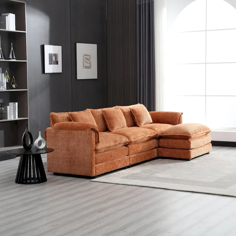 Divano componibile a 4 posti a L Arancione 112,2 cm in tessuto Bouclé moderno con cuscini e braccioli rimovibili