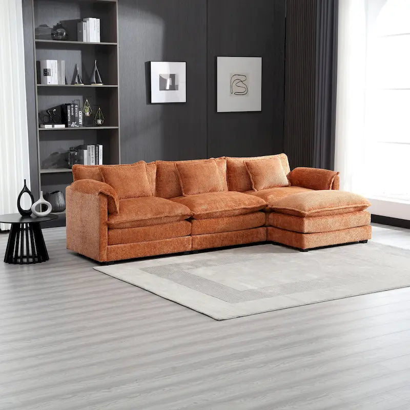 Divano componibile a 4 posti a L Arancione 112,2 cm in tessuto Bouclé moderno con cuscini e braccioli rimovibili