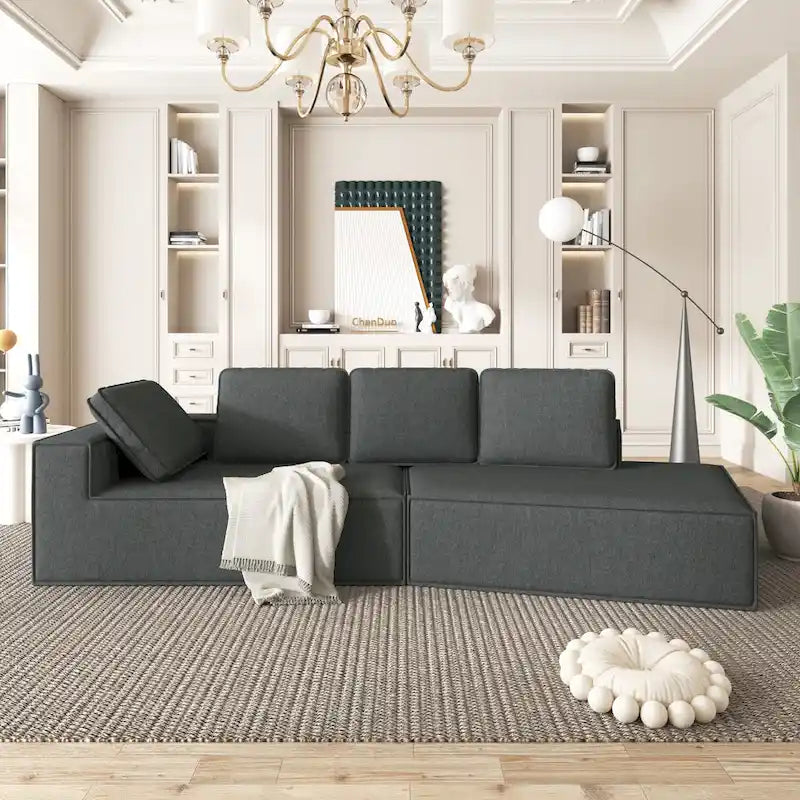 Divano letto chaise longue grigio 125, moderno a 4 posti per il relax in salotto, per interni