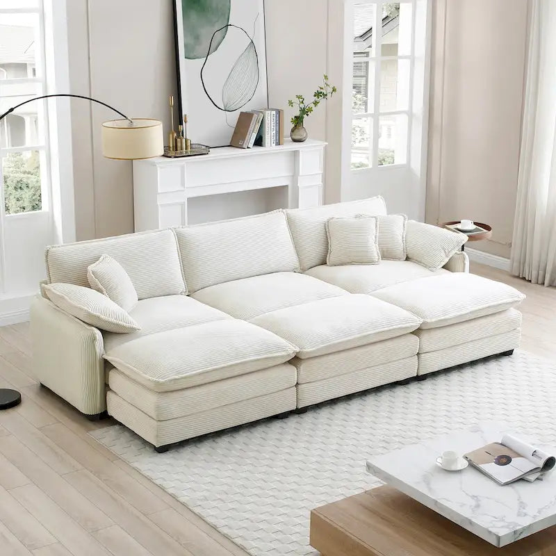 Divano sezionale componibile sleeper in velluto a coste beige a 6 pezzi con 3 pouf e 5 cuscini