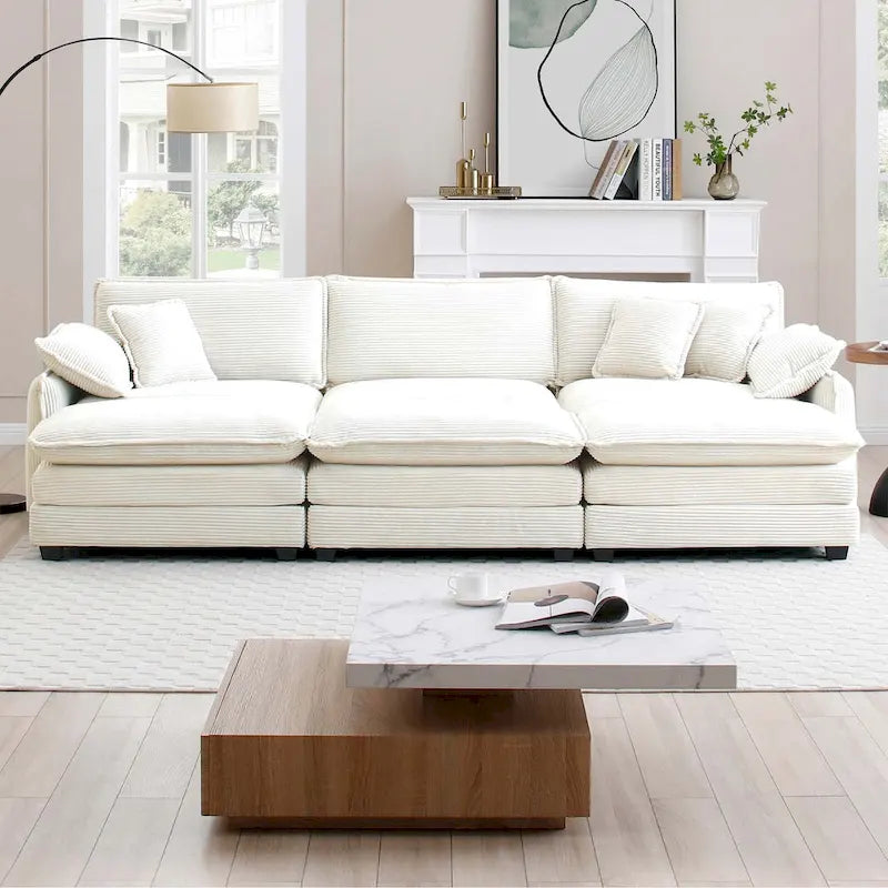 Divano sezionale componibile sleeper in velluto a coste beige a 6 pezzi con 3 pouf e 5 cuscini