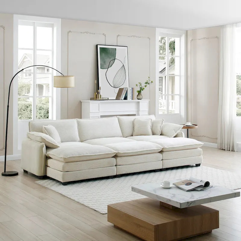 Divano sezionale componibile sleeper in velluto a coste beige a 6 pezzi con 3 pouf e 5 cuscini