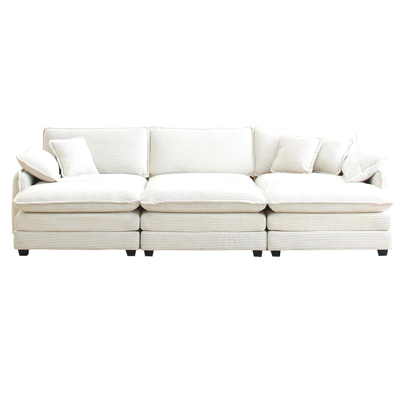 Divano sezionale componibile sleeper in velluto a coste beige a 6 pezzi con 3 pouf e 5 cuscini